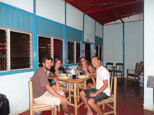 My San Juan del Sur gang, at our hostel, sitting down to a meal of sweet curry 