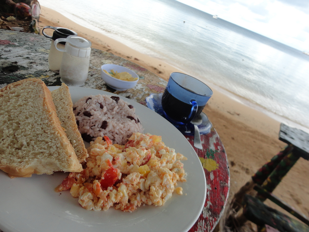 Coconut bread, scrambled eggs, gallo pinto--breakfast on Little Corn
