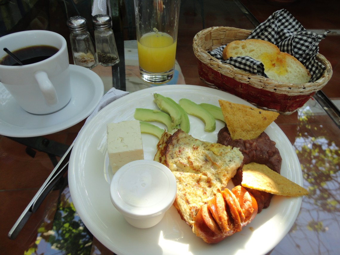 Typical Salvadorian breakfast--good coffee, for once