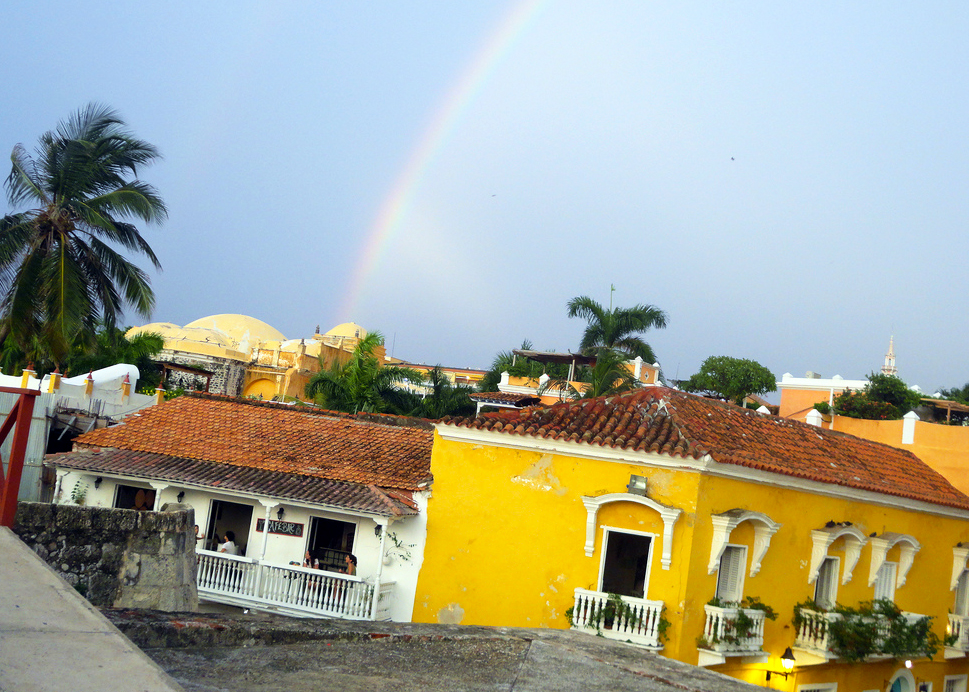A rainbow over the vibrant streets of Cartagena, Colombia